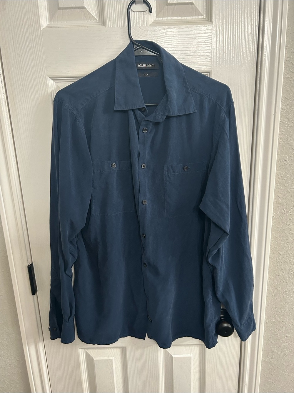 Men’s Murano size medium long sleeve navy blue button down shirt 100 silk
